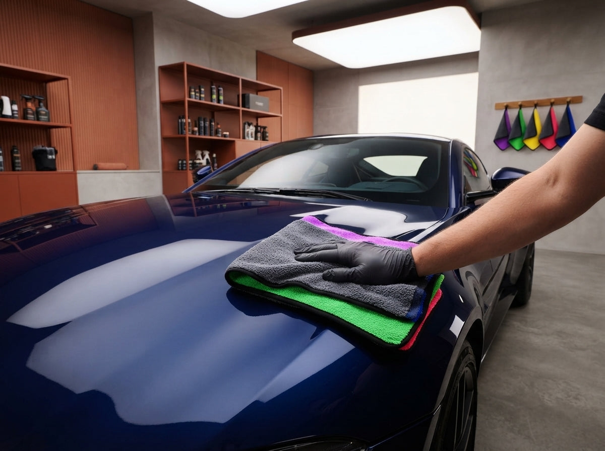 A person using a high-absorbency detailing cloth to achieve a streak-free, mirror-like finish on a car hood.